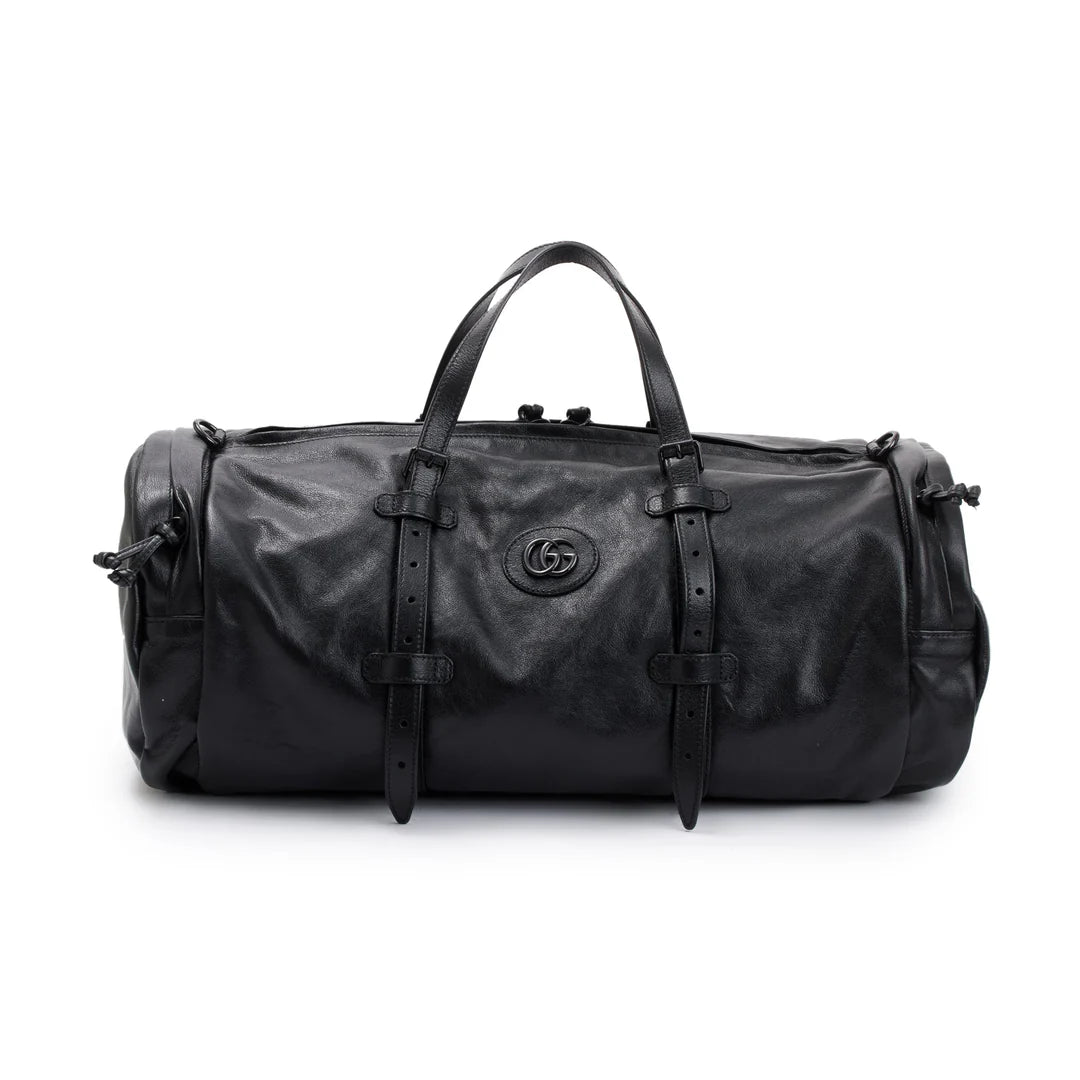 Black Leather Large Duffle Bag with Tonal Double G w/ Strap
