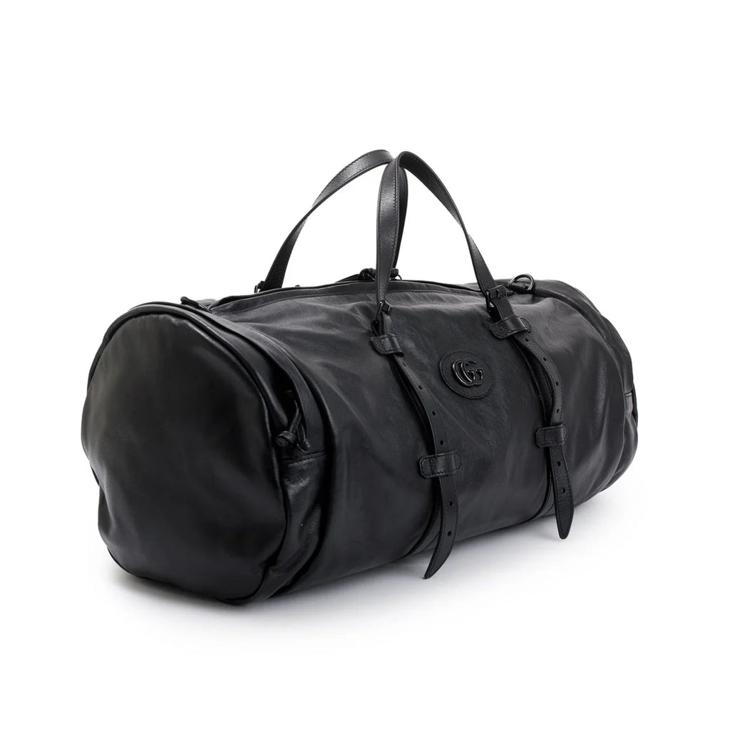 Black Leather Large Duffle Bag with Tonal Double G w/ Strap