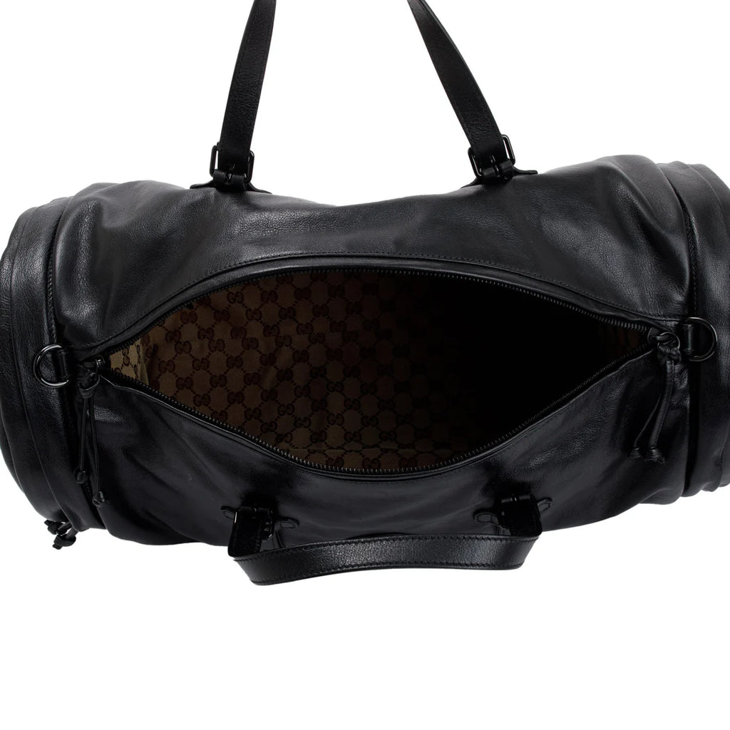 Black Leather Large Duffle Bag with Tonal Double G w/ Strap