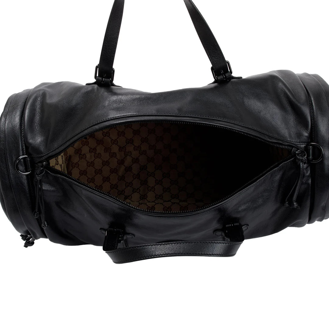 Black Leather Large Duffle Bag with Tonal Double G w/ Strap