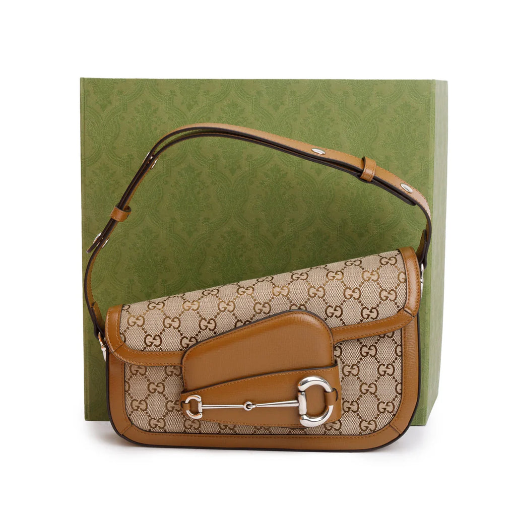 GG Canvas Brown Leather Trim Horsebit 1955 Small Shoulder Bag w/ Box