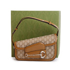 GG Canvas Brown Leather Trim Horsebit 1955 Small Shoulder Bag w/ Box