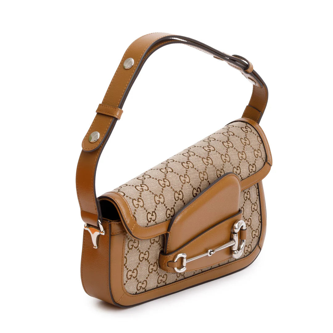 GG Canvas Brown Leather Trim Horsebit 1955 Small Shoulder Bag w/ Box
