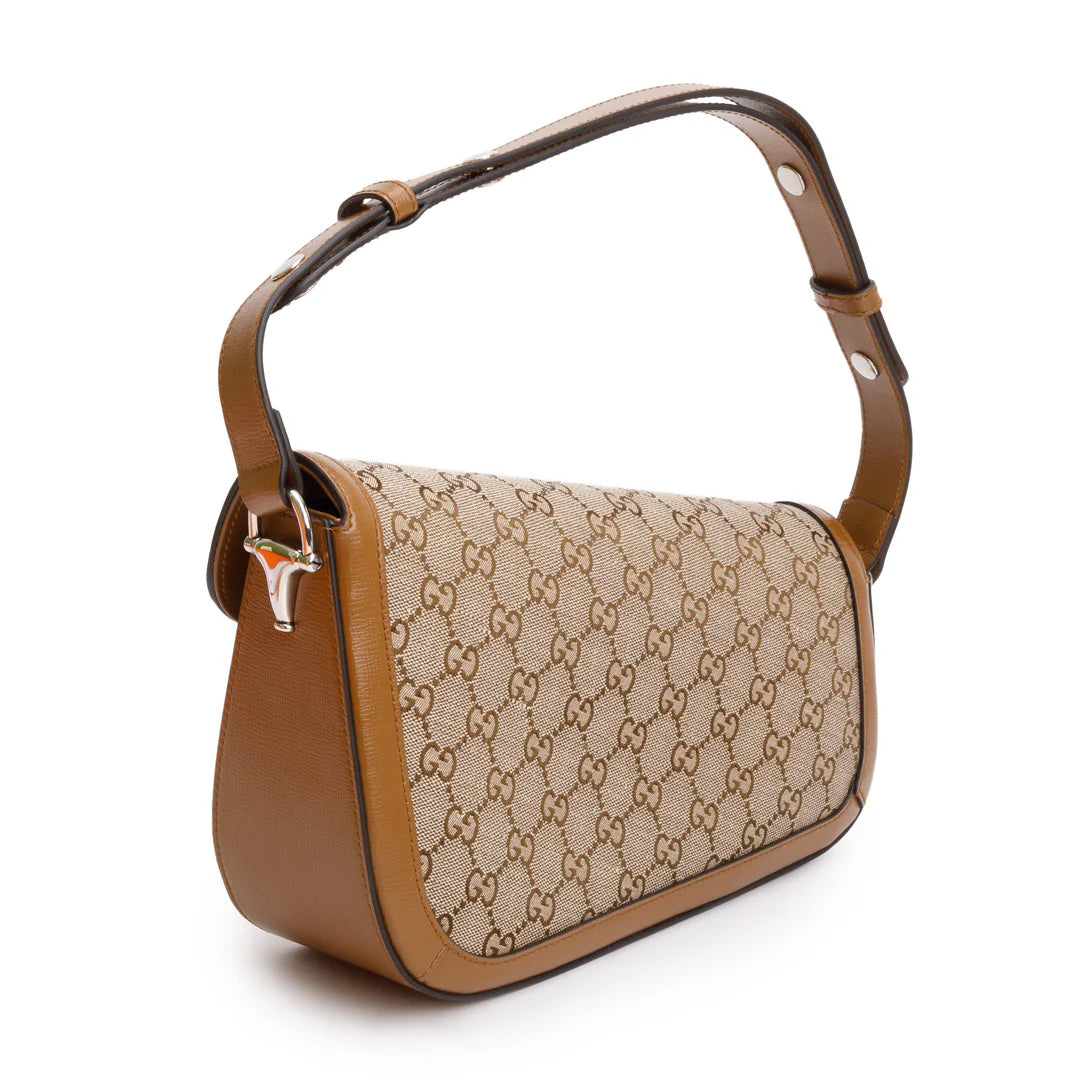 GG Canvas Brown Leather Trim Horsebit 1955 Small Shoulder Bag w/ Box