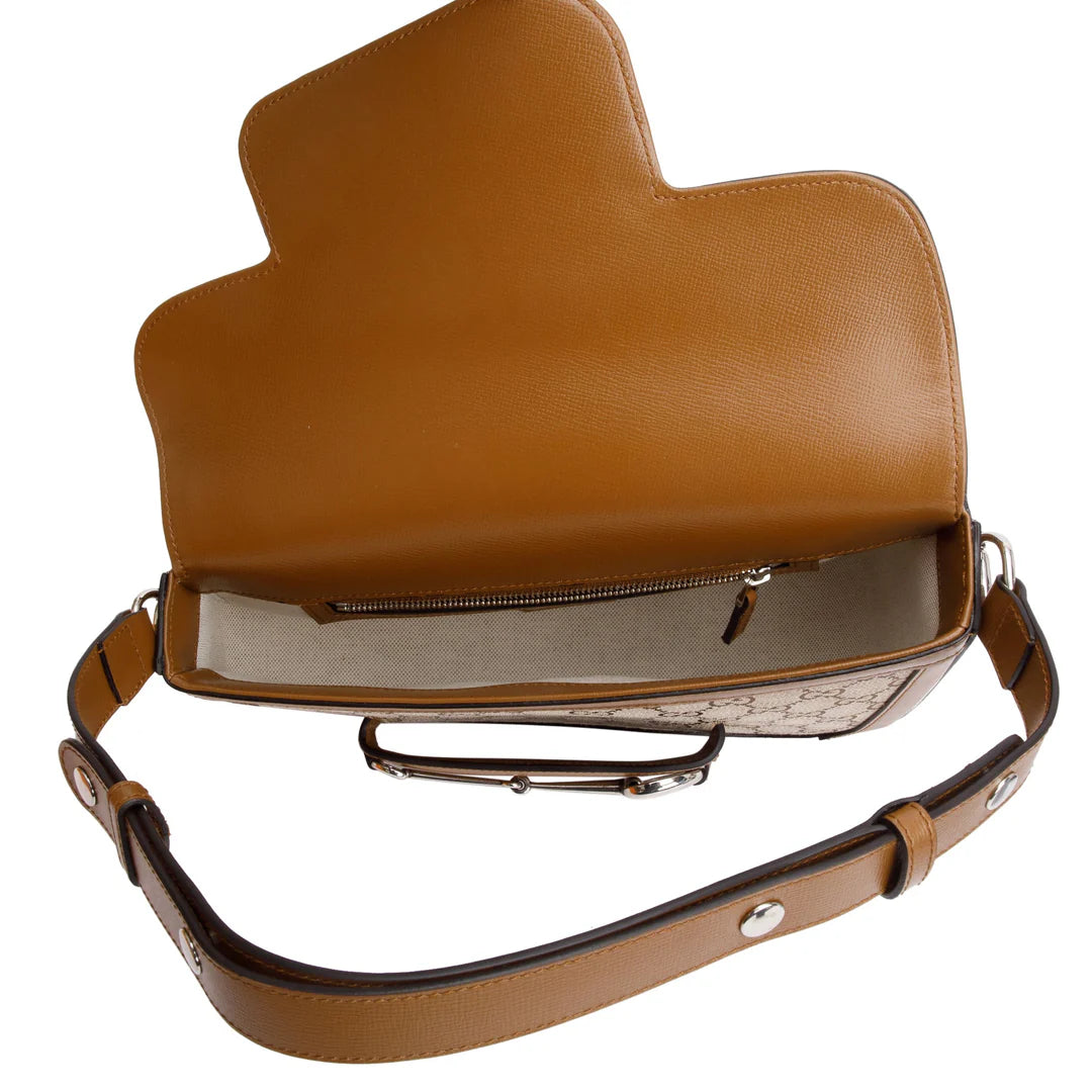 GG Canvas Brown Leather Trim Horsebit 1955 Small Shoulder Bag w/ Box