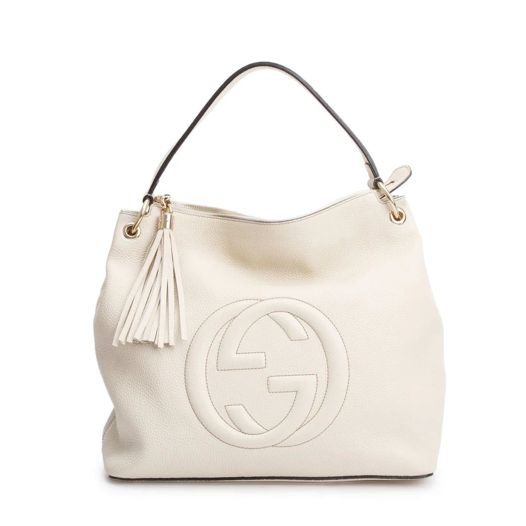 White Pebbled Calfskin Leather Convertible Soho Hobo Bag