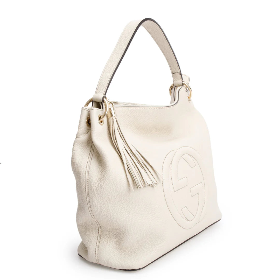 White Pebbled Calfskin Leather Convertible Soho Hobo Bag