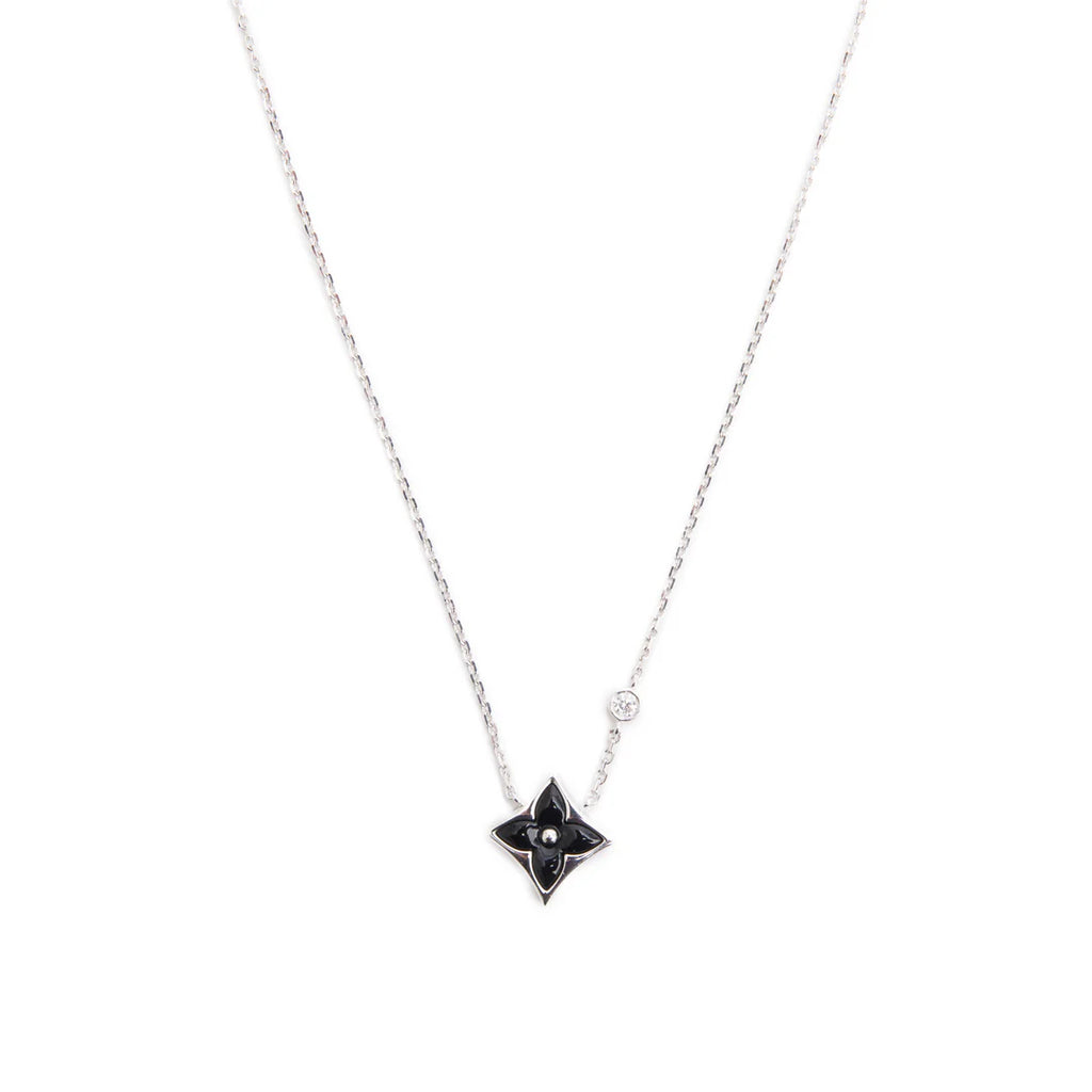 18k White Gold Diamond Onyx Color Blossom BB Star Pendant Necklace w/ Box