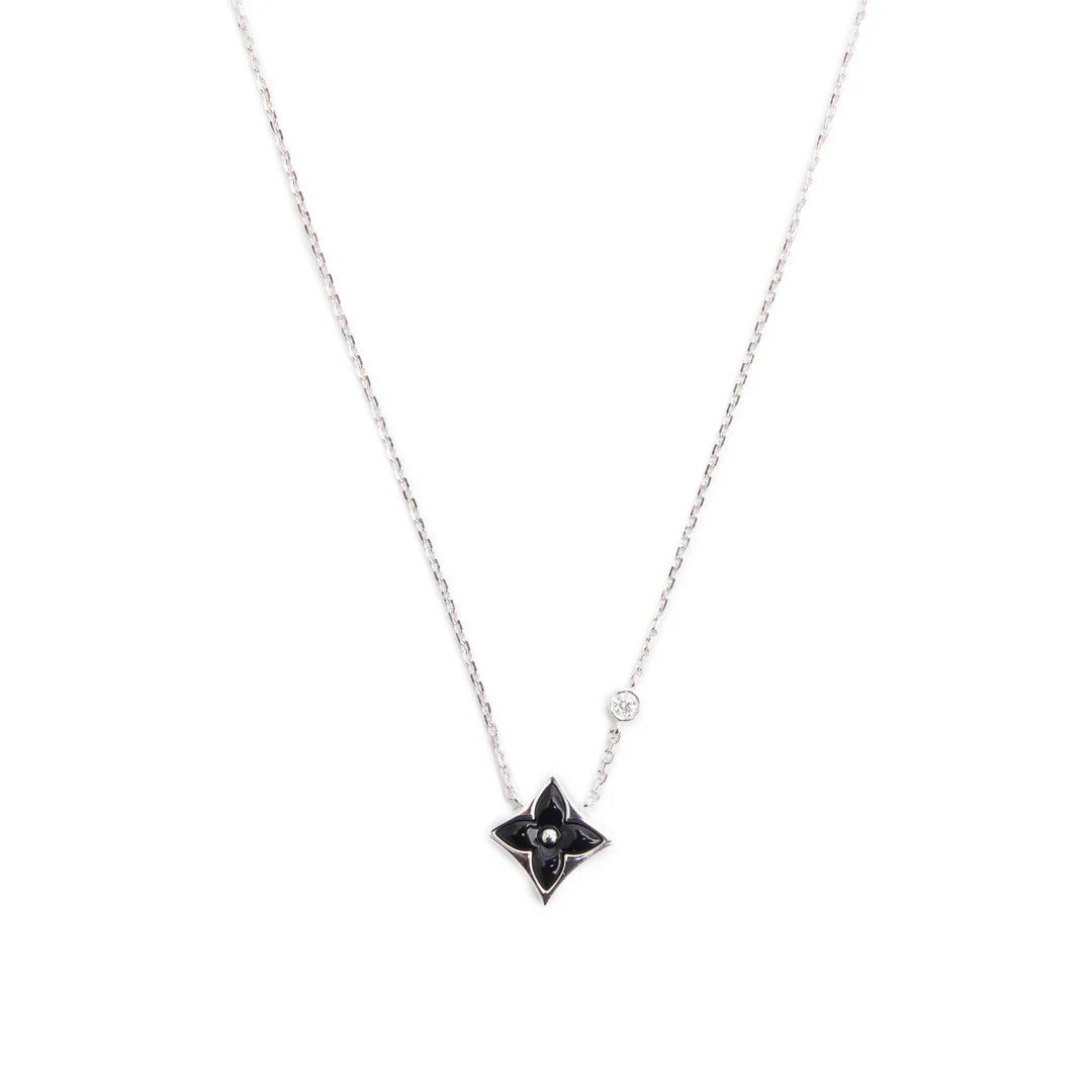18k White Gold Diamond Onyx Color Blossom BB Star Pendant Necklace w/ Box