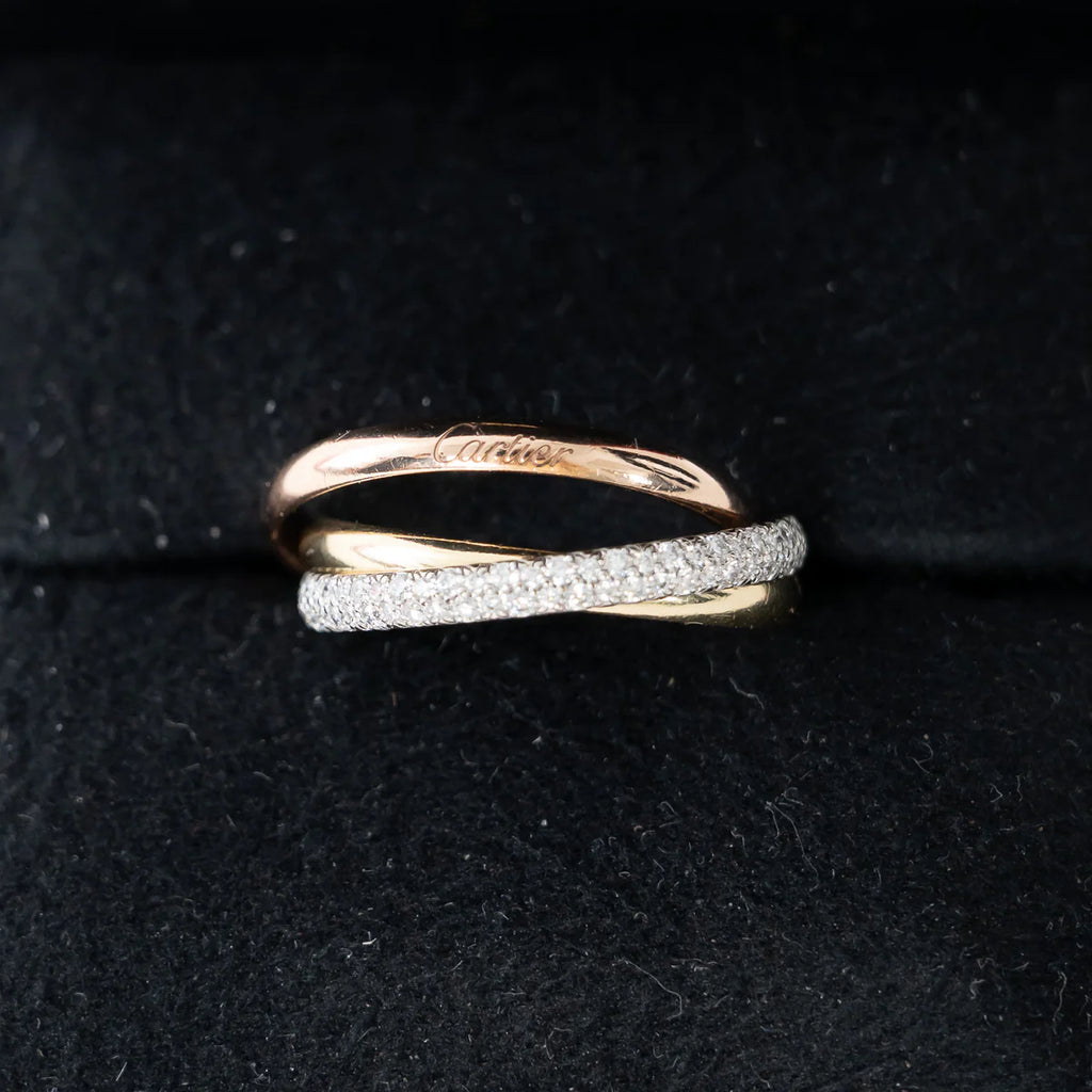 18k Tri-Gold Paved Trinity Ring with Diamonds Size 57