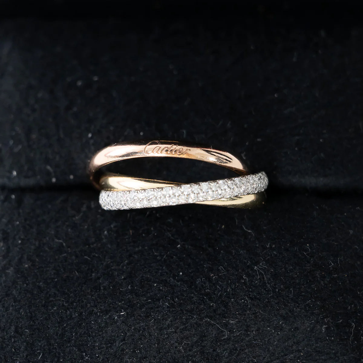 18k Tri-Gold Paved Trinity Ring with Diamonds Size 57
