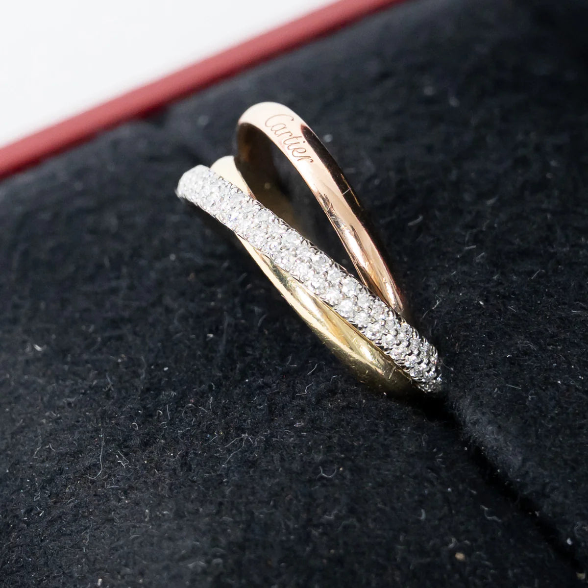 18k Tri-Gold Paved Trinity Ring with Diamonds Size 57