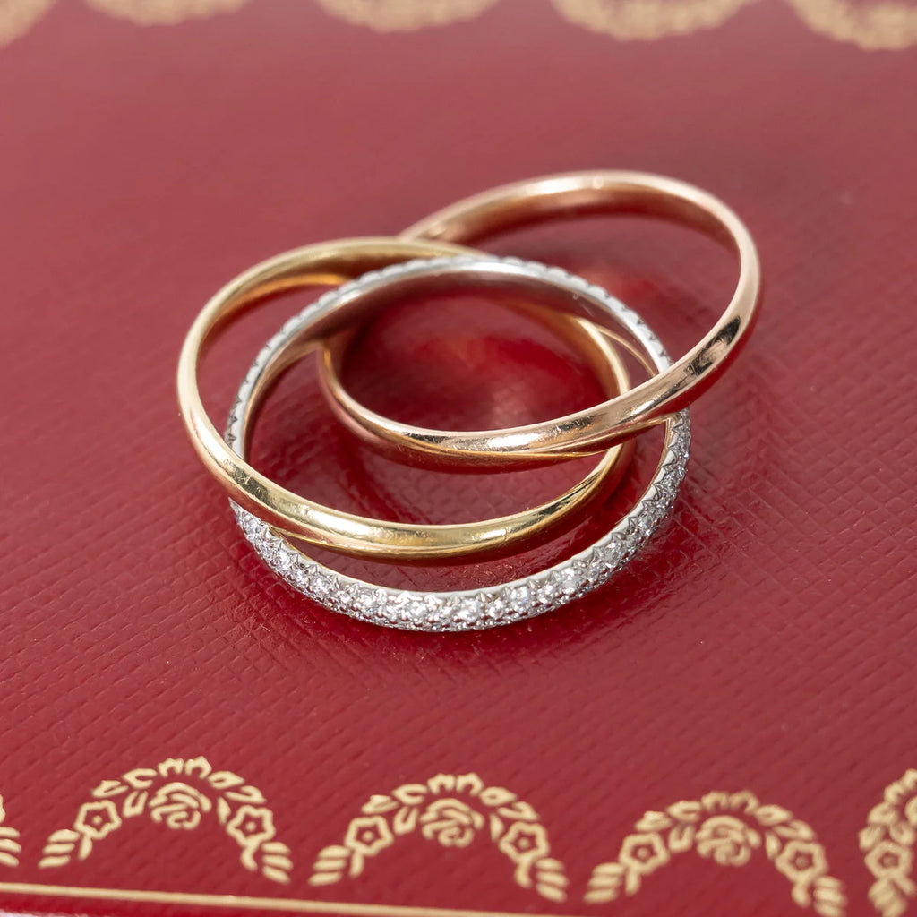 18k Tri-Gold Paved Trinity Ring with Diamonds Size 57
