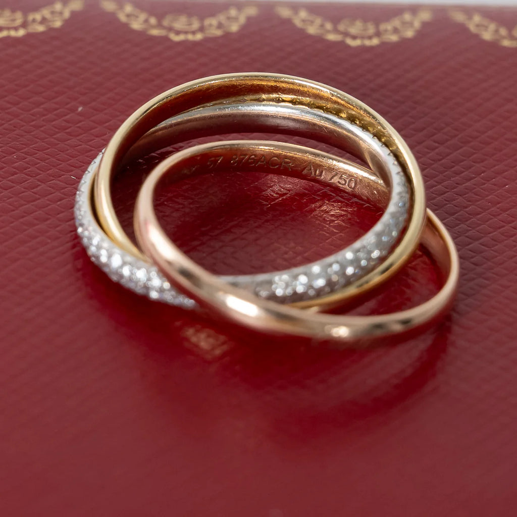 18k Tri-Gold Paved Trinity Ring with Diamonds Size 57