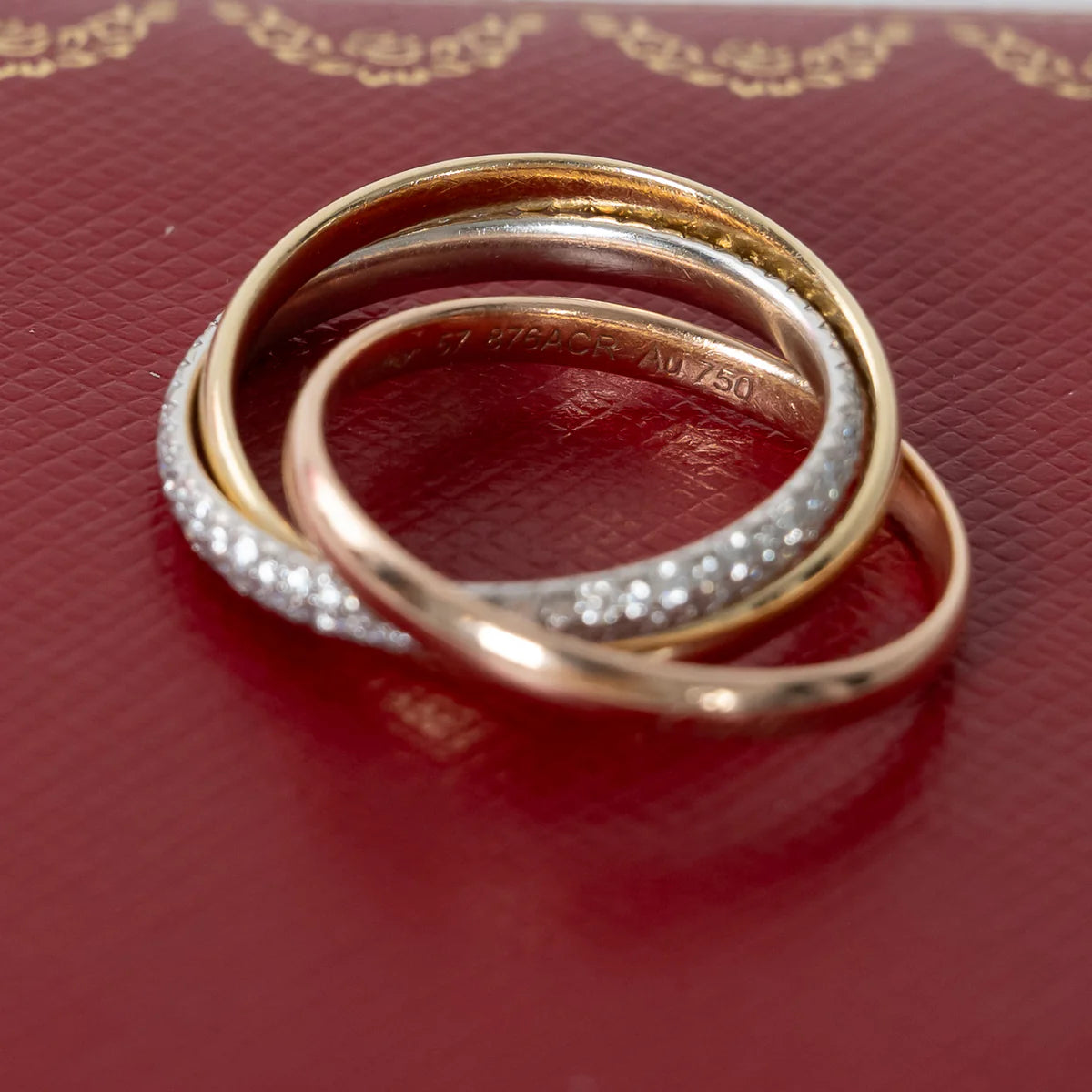 18k Tri-Gold Paved Trinity Ring with Diamonds Size 57