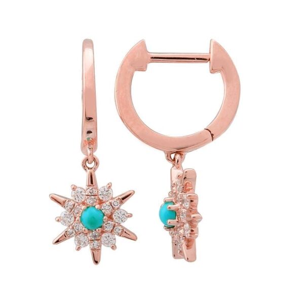 14K Gold Sunburst Turquoise Huggie Earrings