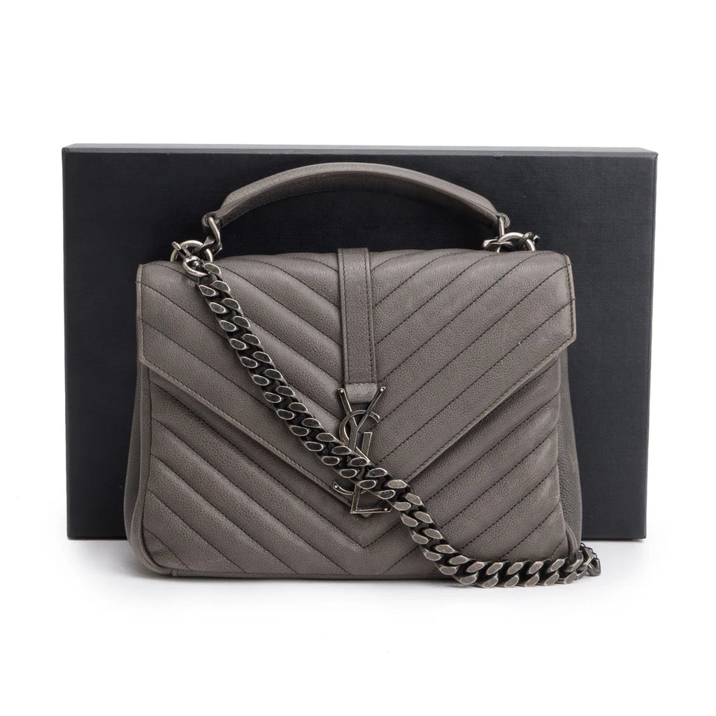 Grey Leather Medium Chevron College Bag w/ Box