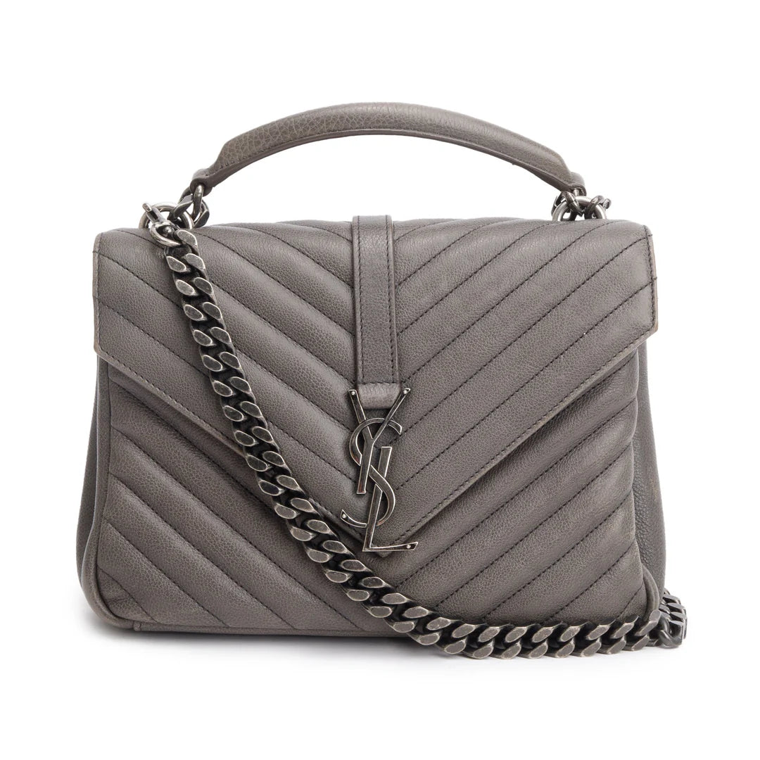 Grey Leather Medium Chevron College Bag w/ Box