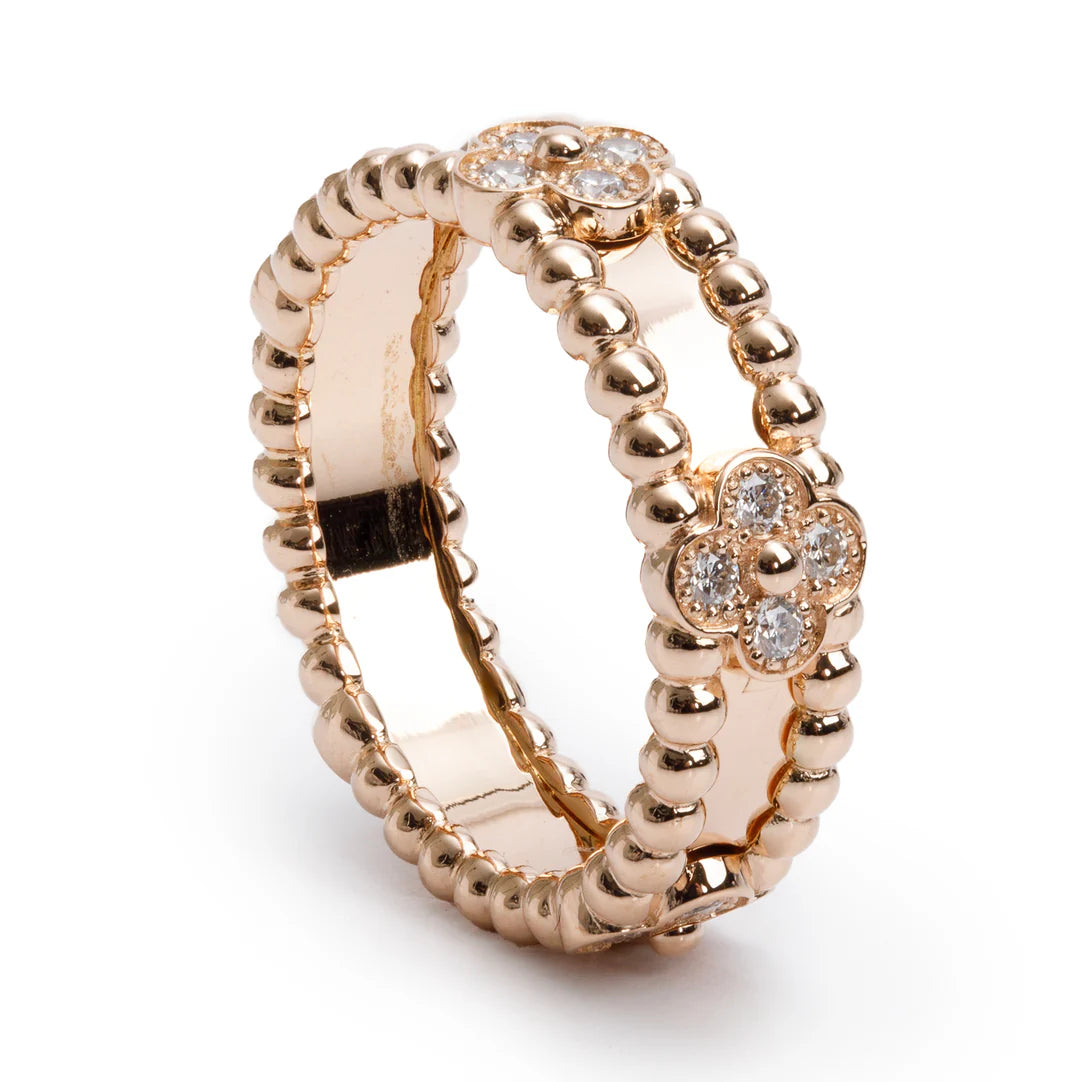 18k Rose Gold Diamond Perlee Sweet Clovers Ring, Size 53 6.5 w/ Box &amp; Certificate