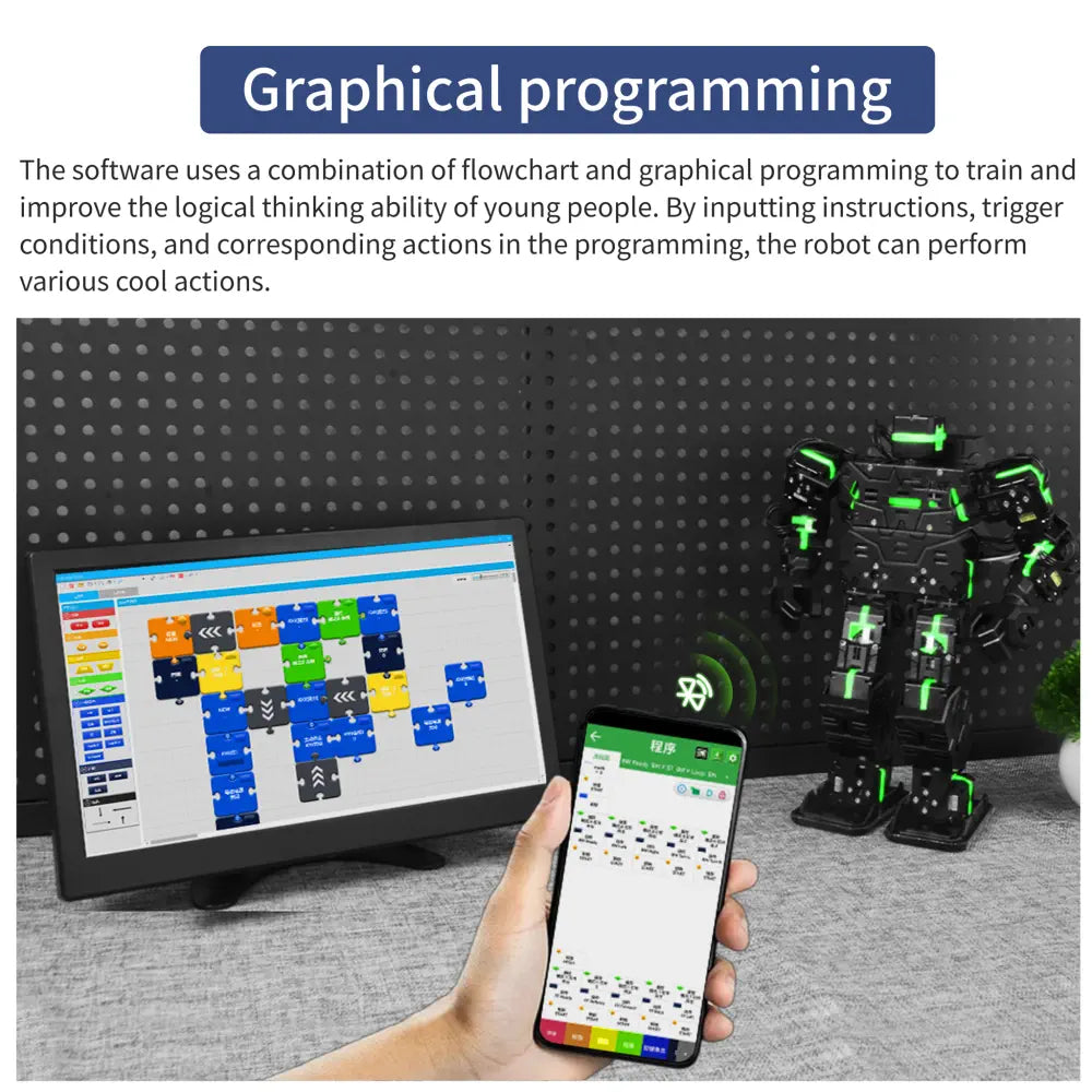 Humanoid Robot, Smart Boxing, Football, Dancing Robot, Graphical Programmable with Phone and Windows PC App, DIY Armored RC Robot with servo Lights